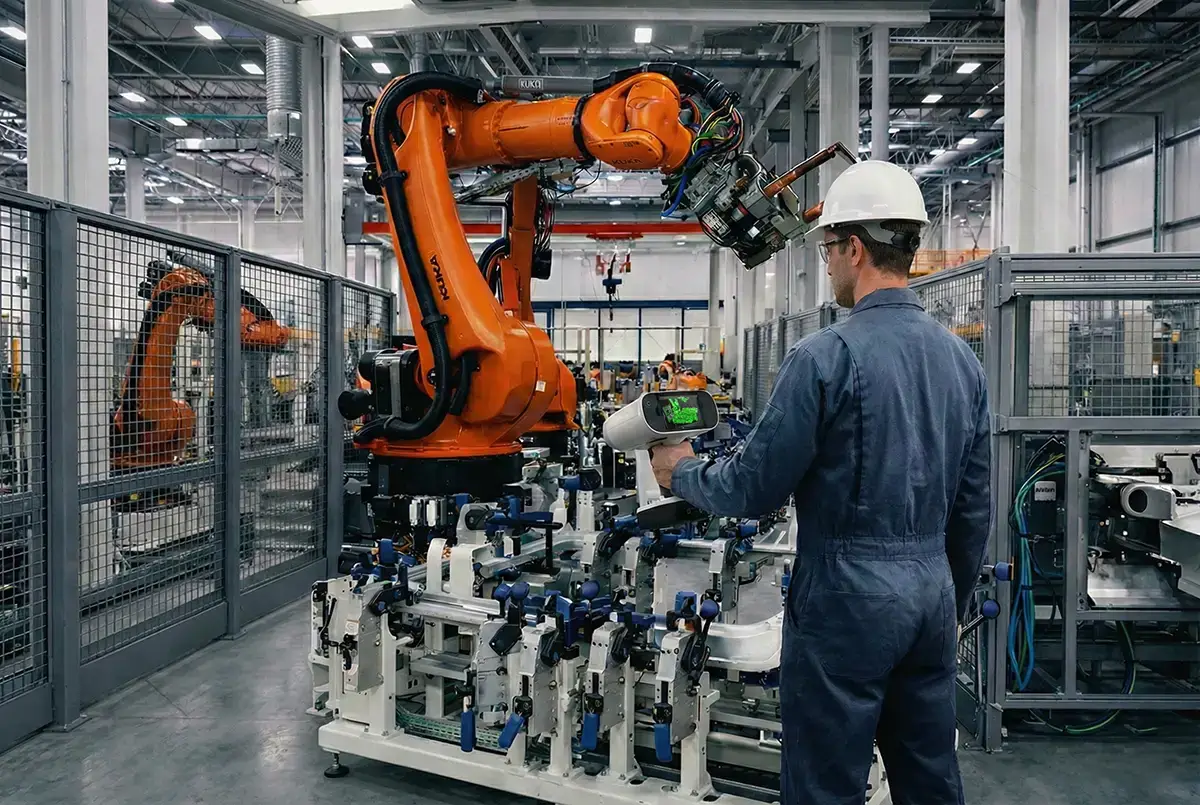Artec Leo 3D scanner inspecting an automotive fixture on a robot production line